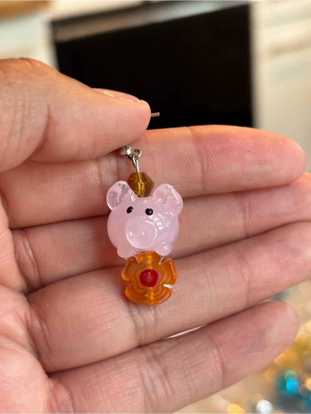 Hand Crafted glass Pink Pig and Orange Flower Earrings